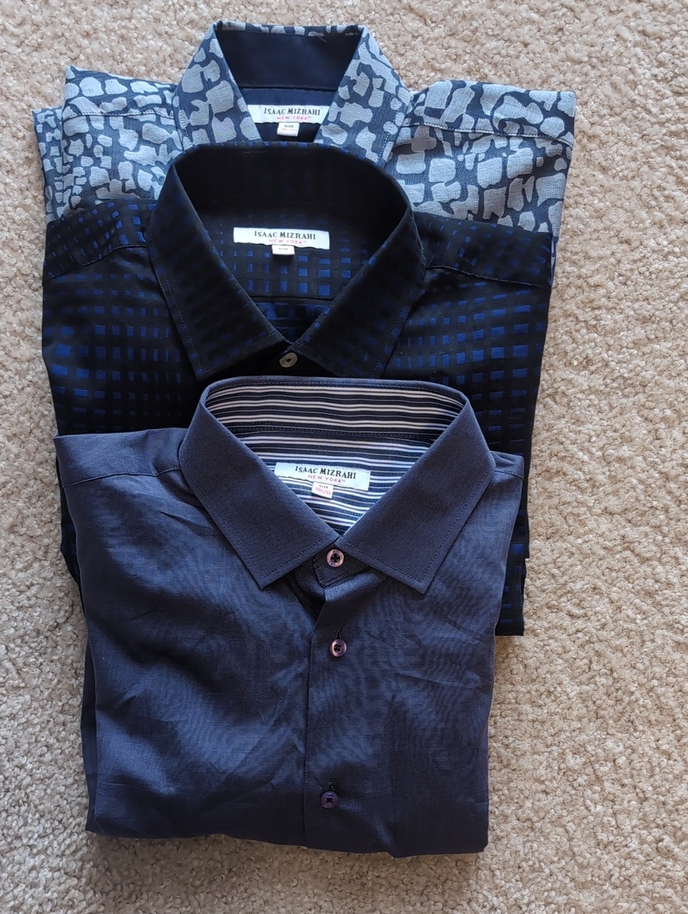 Isaac Mizrahi Boys Navy and Light Blue Patterned Button-Down Shirts - Set of 3